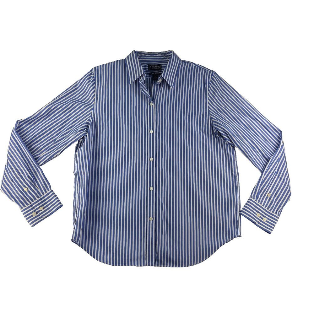 Chaps Classics No Iron Button Up Long Sleeve Shirt Blue Striped Size L Cotton